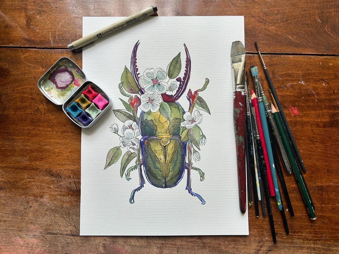 Original Watercolor and Ink Beetle Painting 9"x12"